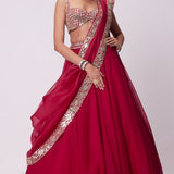 Crimson Red Organza Hand Embroidered Lehenga Set
