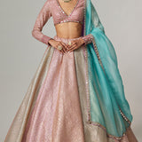 Dark Blush Metallic Lehenga Set with Aqua Dupatta
