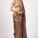 Deep Beige Saree With Square Neck Blouse