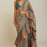 Pre Draped Mud Green Multicolor Saree Set