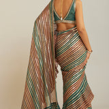 Pre Draped Mud Green Multicolor Saree Set