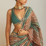 Pre Draped Mud Green Multicolor Saree Set