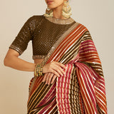 Pre Draped Olive Green Multicolor Saree Set
