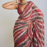 Pre Draped Charcoal Grey Multicolor Saree Set