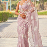 Powder Lilac Flower Saree Set