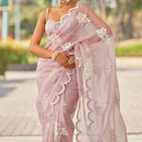 Powder Lilac Flower Saree Set
