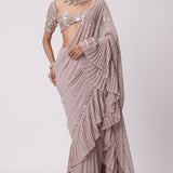 Ash Pink Georgette Frill Saree Set