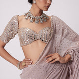 Ash Pink Georgette Frill Saree Set