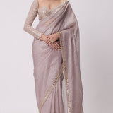 Ash Pink Hand Embroidered Organza Saree Set