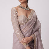 Ash Pink Hand Embroidered Organza Saree Set