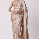 Light Beige Satin Saree Set
