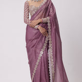Mud Mauve Hand Embroidered Saree Set
