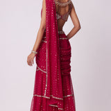Crimson Red Multi-Tier Sequin Embroidered Saree Set