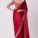 Crimson Red Satin Mirror Embroidered Saree Set