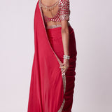 Crimson Red Satin Mirror Embroidered Saree Set