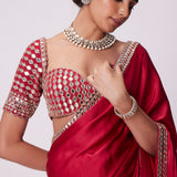 Crimson Red Satin Mirror Embroidered Saree Set