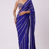 Persian Blue Linear Embroidered Saree Set