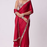 Crimson Red Satin Saree Set