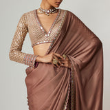 Deep Beige Saree with V-neck Blouse