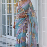Ash Pink Flower Saree Set