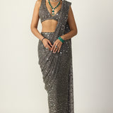 Metallic Grey Draped Saree Set