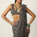 Metallic Grey Draped Saree Set