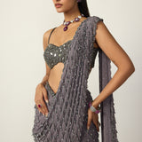 Metallic Grey Single Drop Draped Saree Set