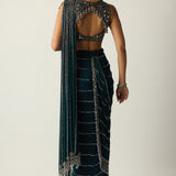 Dark Teal Linear Draped Saree
