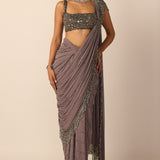 Metallic Grey Linear Draped Saree