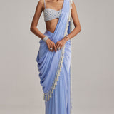 Dew Blue Satin Draped Saree Set