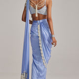 Dew Blue Satin Draped Saree Set