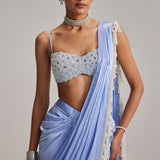 Dew Blue Satin Draped Saree Set