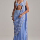 Dew Blue Linear Mirror Saree Set