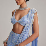 Dew Blue Linear Mirror Saree Set