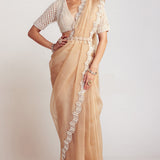Beige Pearl Embellished Saree