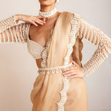 Beige Pearl Embellished Saree