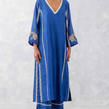 Blue Embroidered Chanderi Kurta Set