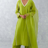 Green Embroidered Chanderi Kurta Set