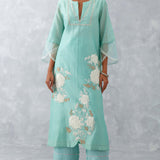 Aqua Blue Embroidered Chanderi Kurta Set