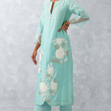Aqua Blue Embroidered Chanderi Kurta Set