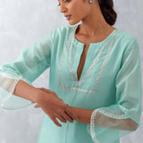 Aqua Blue Embroidered Chanderi Kurta Set