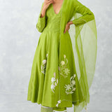 Green Embroidered Chanderi Anarkali Set