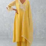 Mango Yellow Embroidered Chanderi Kurta Set