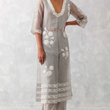 Grey Slit Silk Organza Kurta Set