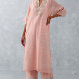 Pink Embroidered Ikat Print Chanderi Kurta Set