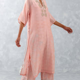 Pink Embroidered Ikat Print Chanderi Kurta Set