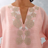 Pink Embroidered Ikat Print Chanderi Kurta Set
