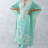 Aqua Blue Embroidered Cotton Silk Satin Kaftan Set