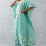 Aqua Blue Embroidered Cotton Silk Satin Kaftan Set