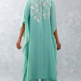 Aqua Blue Embroidered Cotton Silk Satin Kaftan Set